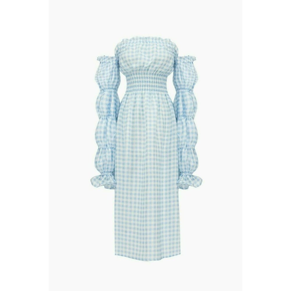 Sleeper Womens Michelin Linen Dress Medium Gingham Blue Vichy